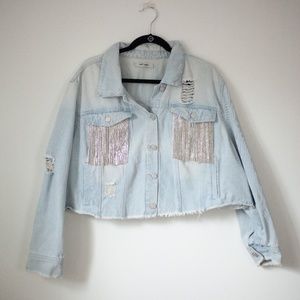 Refuge + 3x cropped denim jacket, fringed pockets, light wash
